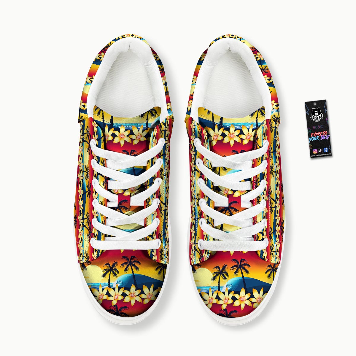 Palm Tree Sunset Hibiscus Print Pattern Platform Shoes-grizzshop