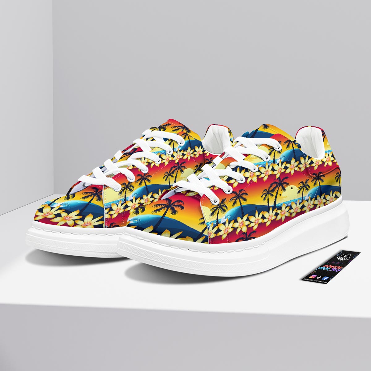 Palm Tree Sunset Hibiscus Print Pattern Platform Shoes-grizzshop