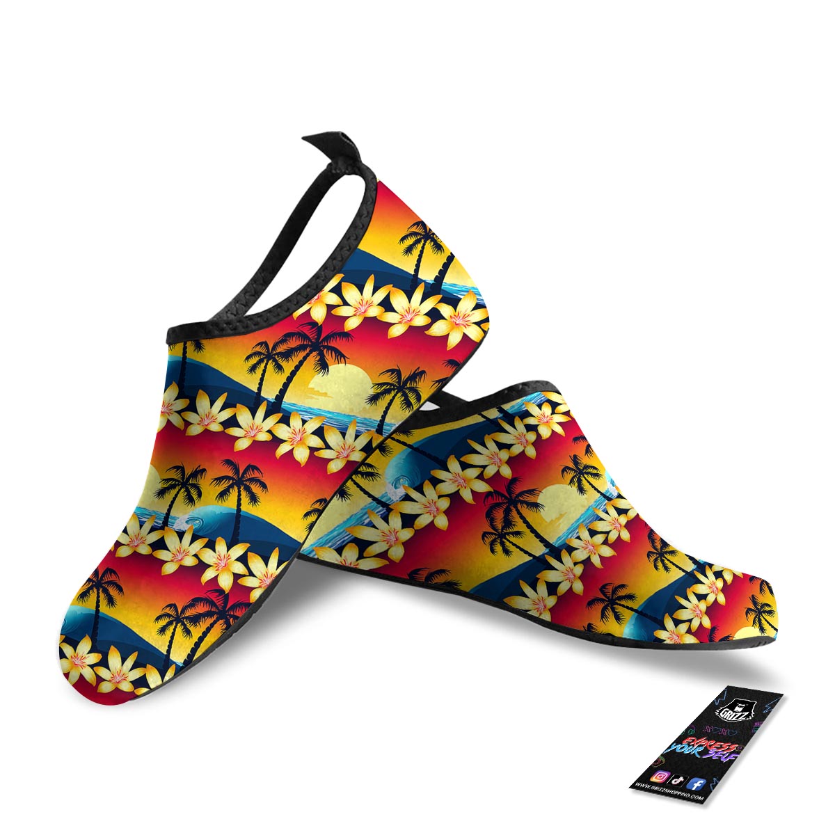 Palm Tree Sunset Hibiscus Print Pattern Water Shoes-grizzshop