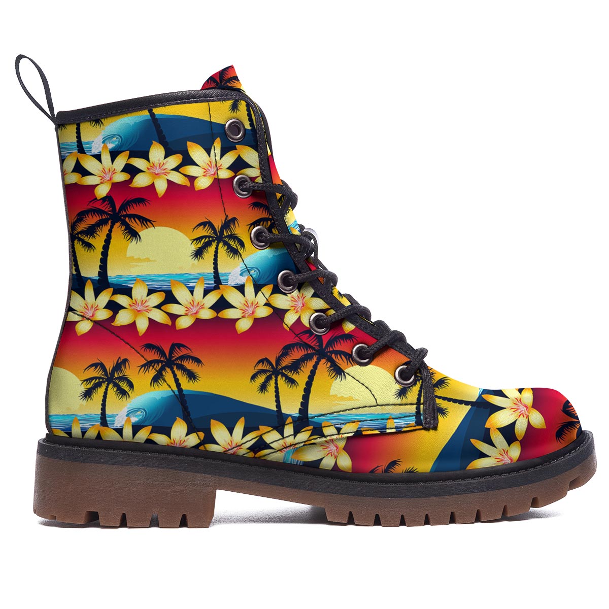 Palm Tree Sunset Hibiscus Print Pattern Work Boots-grizzshop