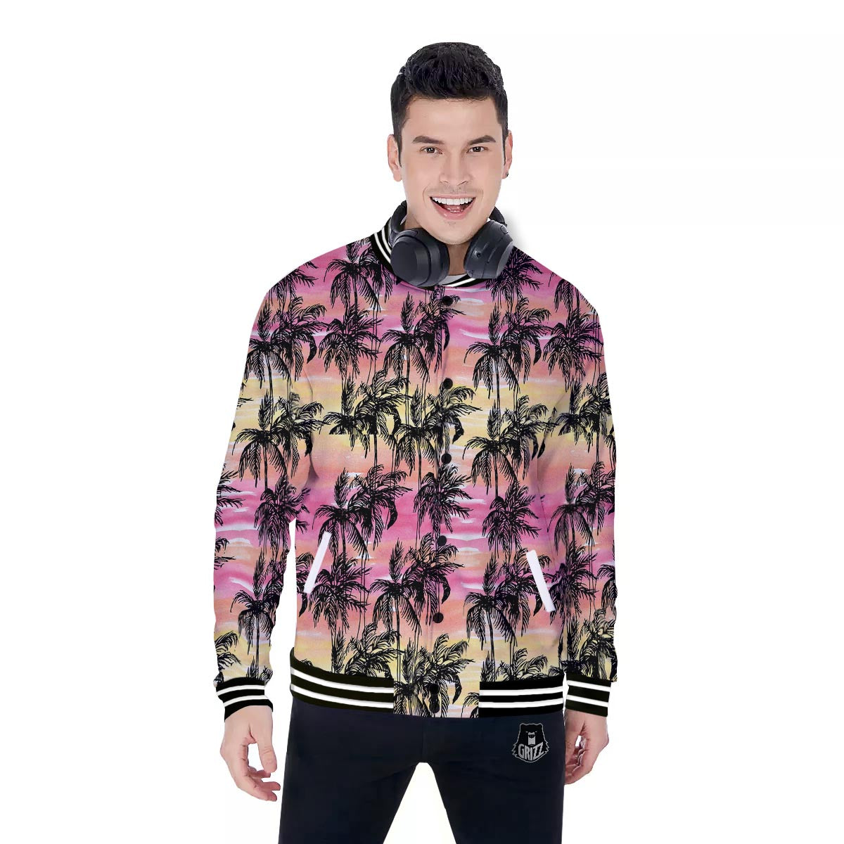 Palm Tree Sunset Print Pattern Baseball Jacket-grizzshop