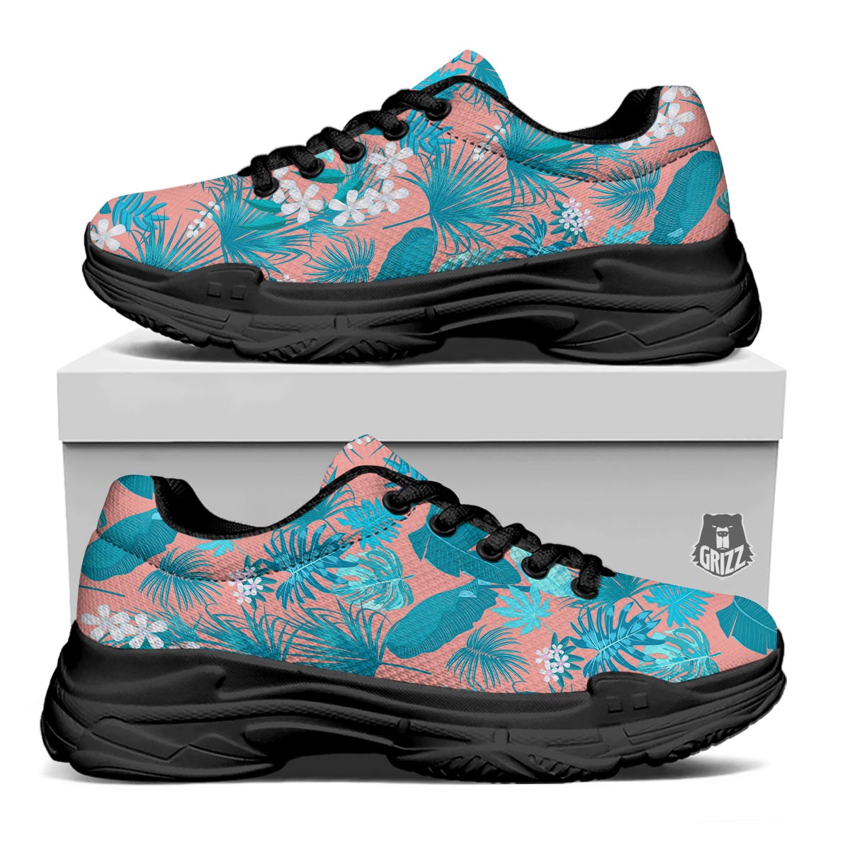 Palm Tree Teal Print Pattern Black Chunky Shoes-grizzshop
