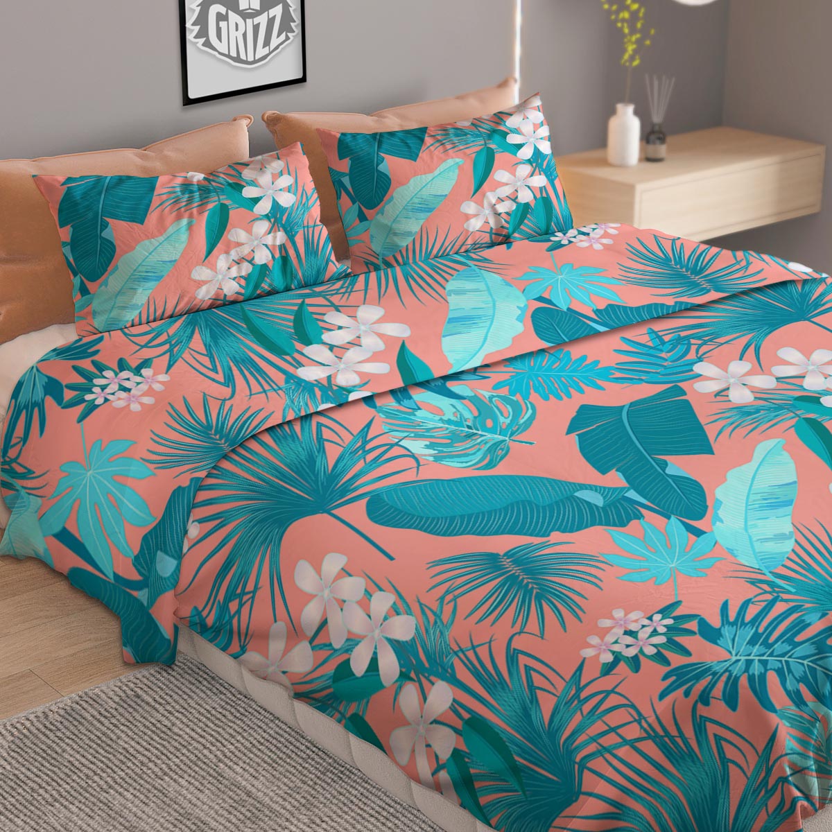 Palm Tree Teal Print Pattern Duvet Cover Bedding Set