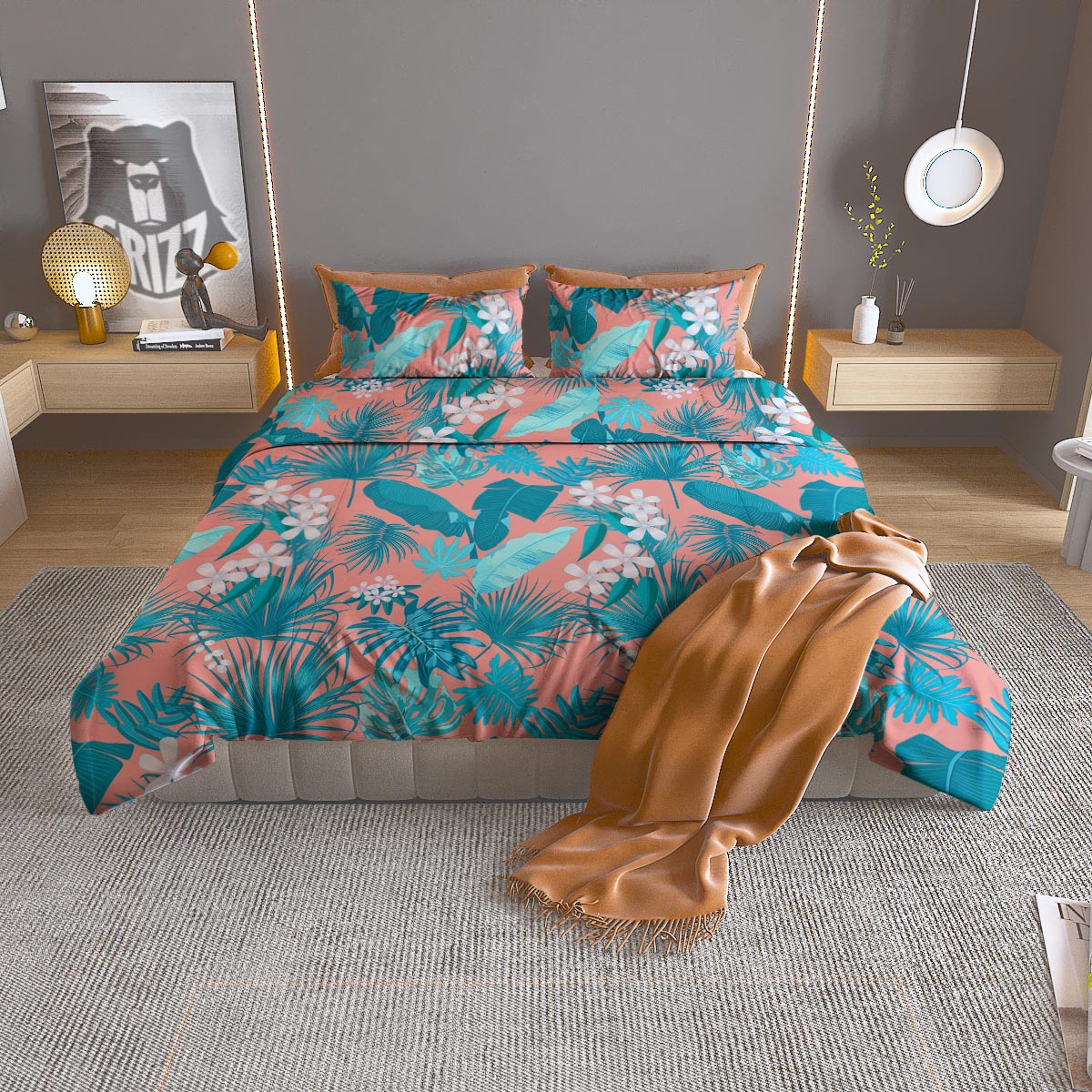 Palm Tree Teal Print Pattern Duvet Cover Bedding Set
