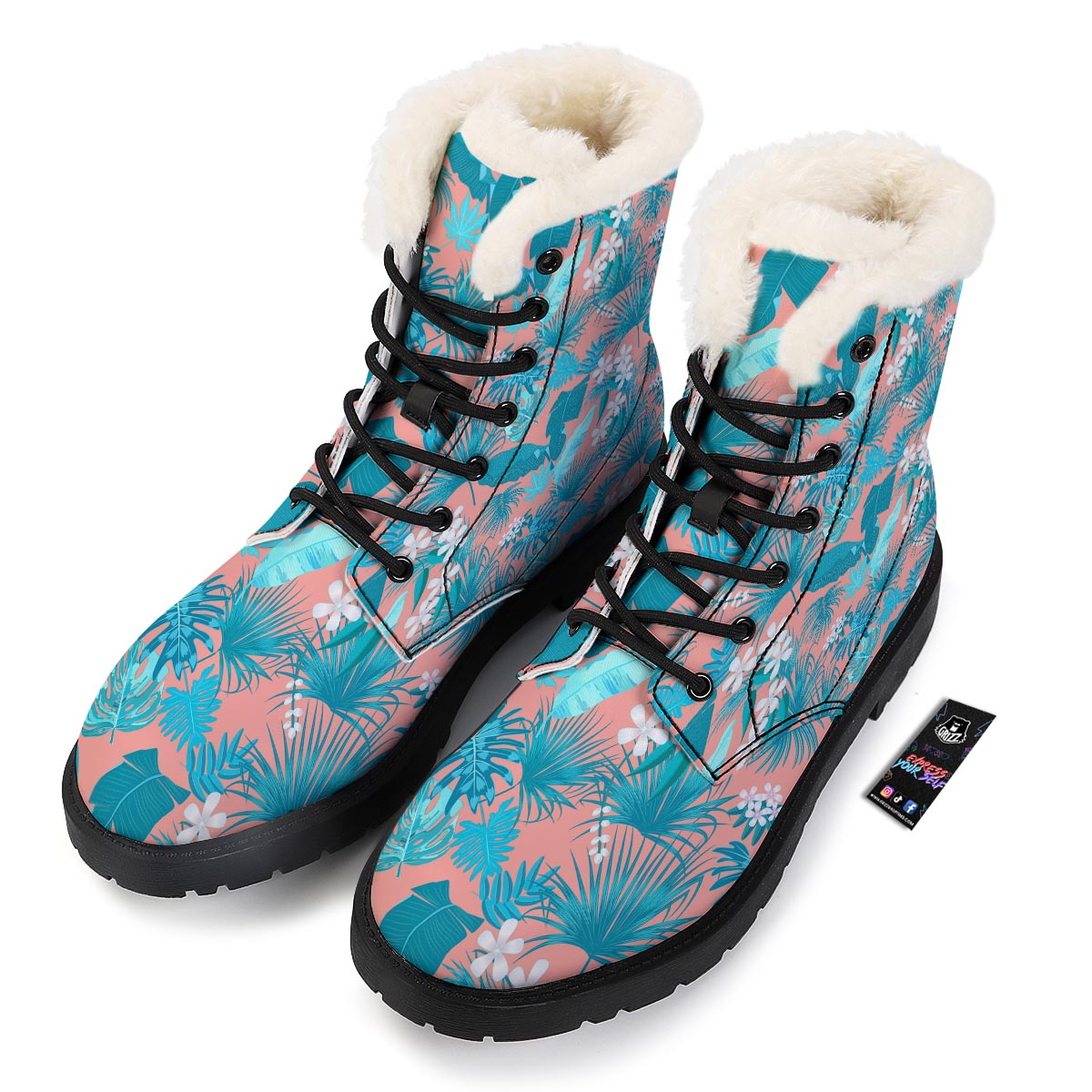 Palm Tree Teal Print Pattern Winter Boots-grizzshop