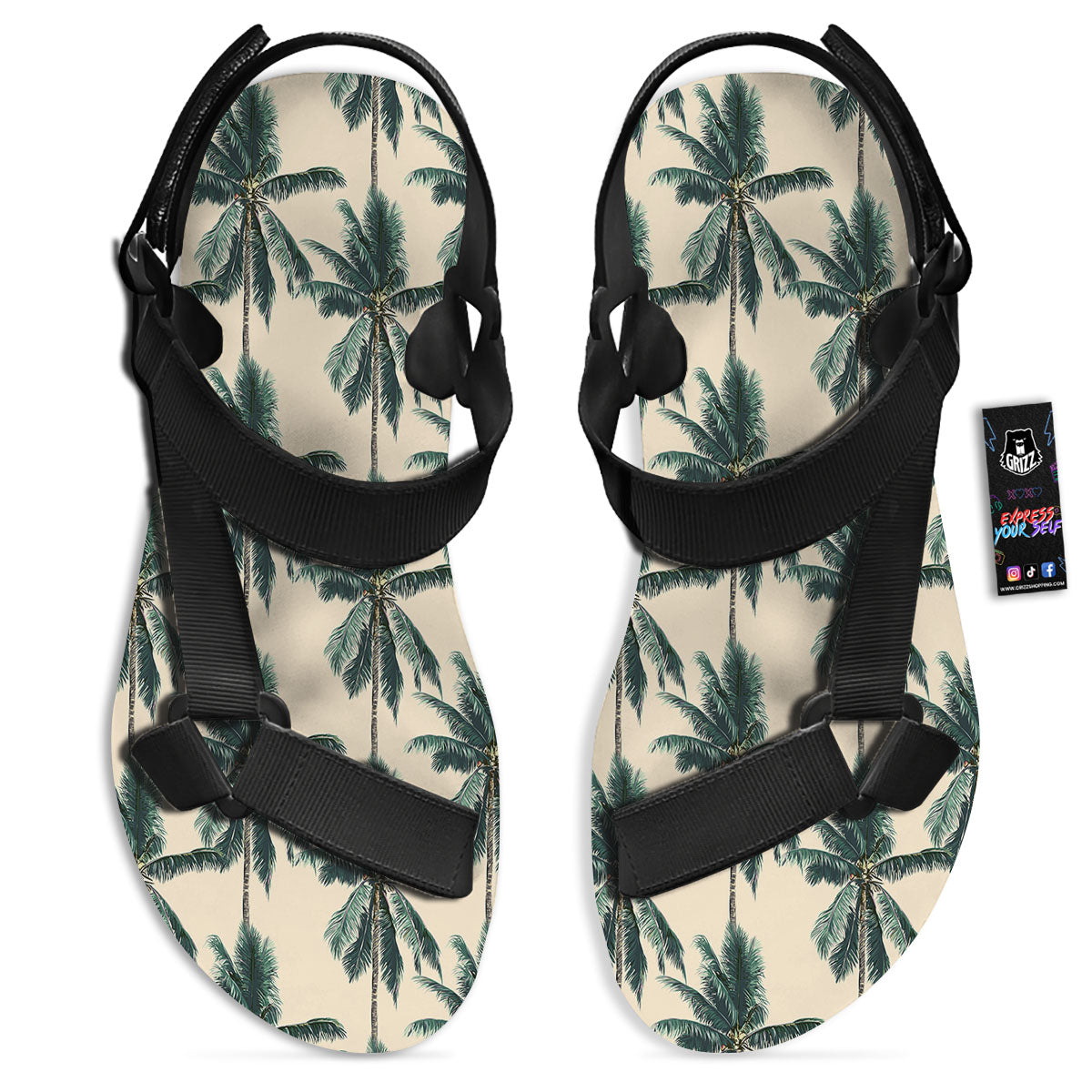 Palm Tree Tropical Print Pattern Black Open Toe Sandals-grizzshop