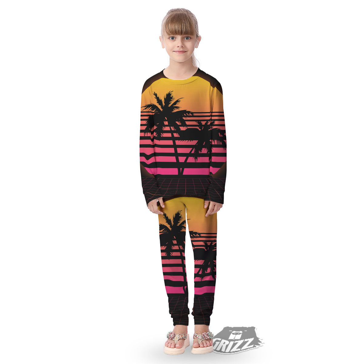 Palm Trees And Night Sunset Sky Print Kid's Pajamas-grizzshop