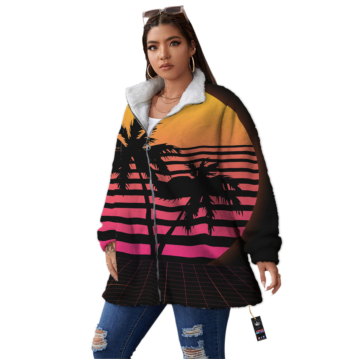 Palm Trees And Night Sunset Sky Print Women's Sherpa Jacket-grizzshop
