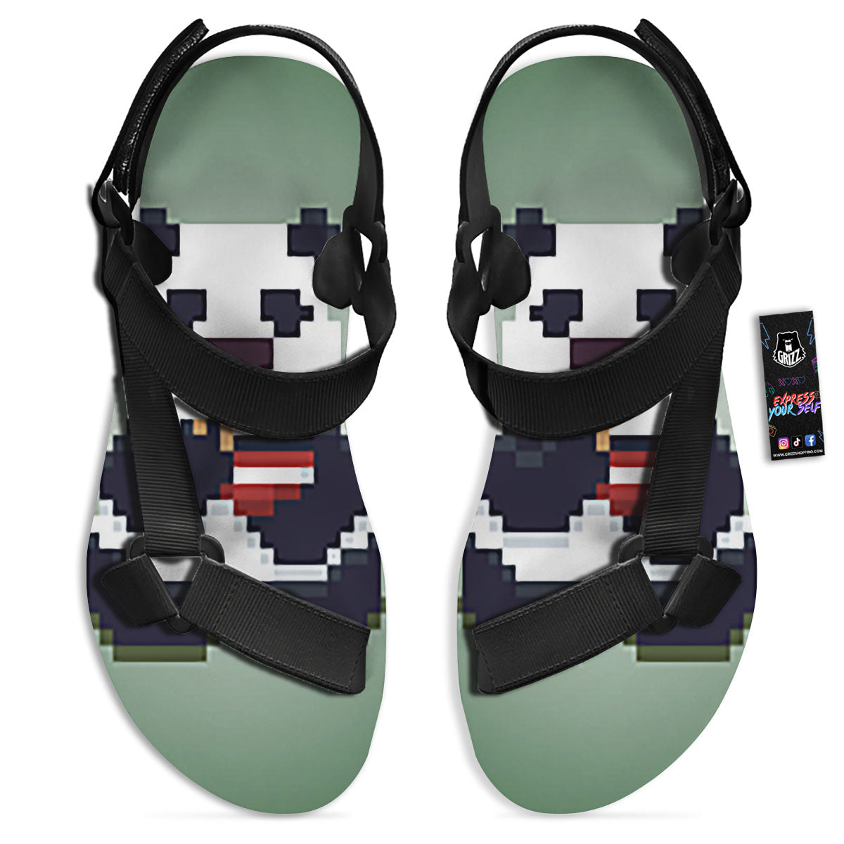 Panda 8-Bit Pixel Print Black Open Toe Sandals-grizzshop