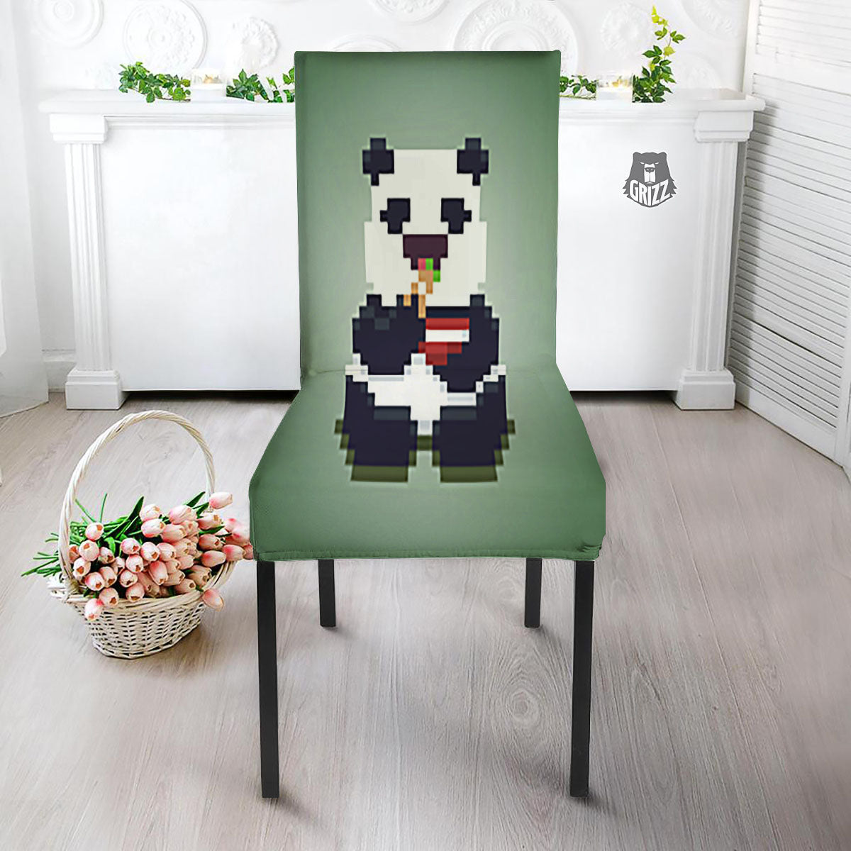 Panda 8-Bit Pixel Print Dining Chair Slipcover-grizzshop