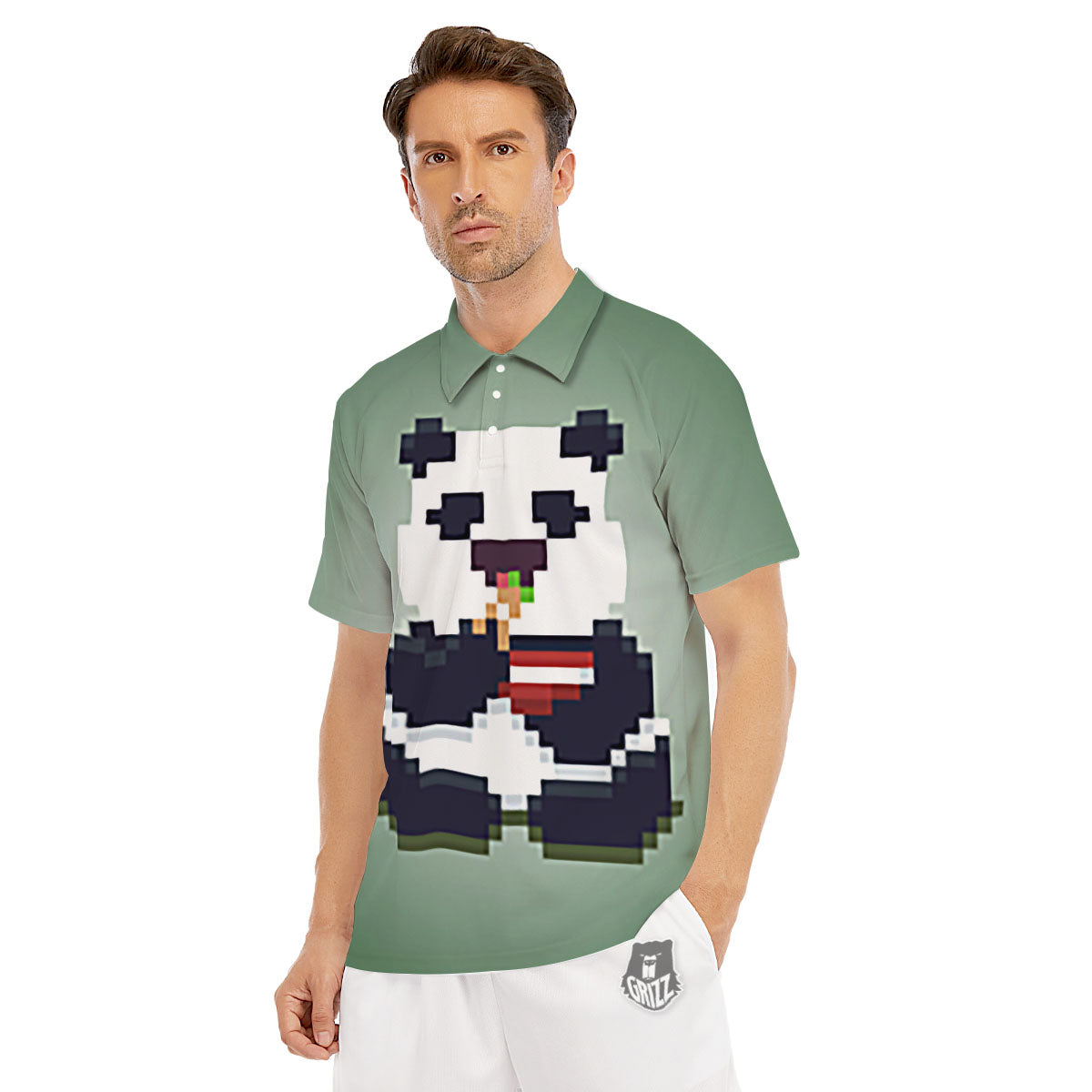 Panda 8-Bit Pixel Print Men's Golf Shirts-grizzshop