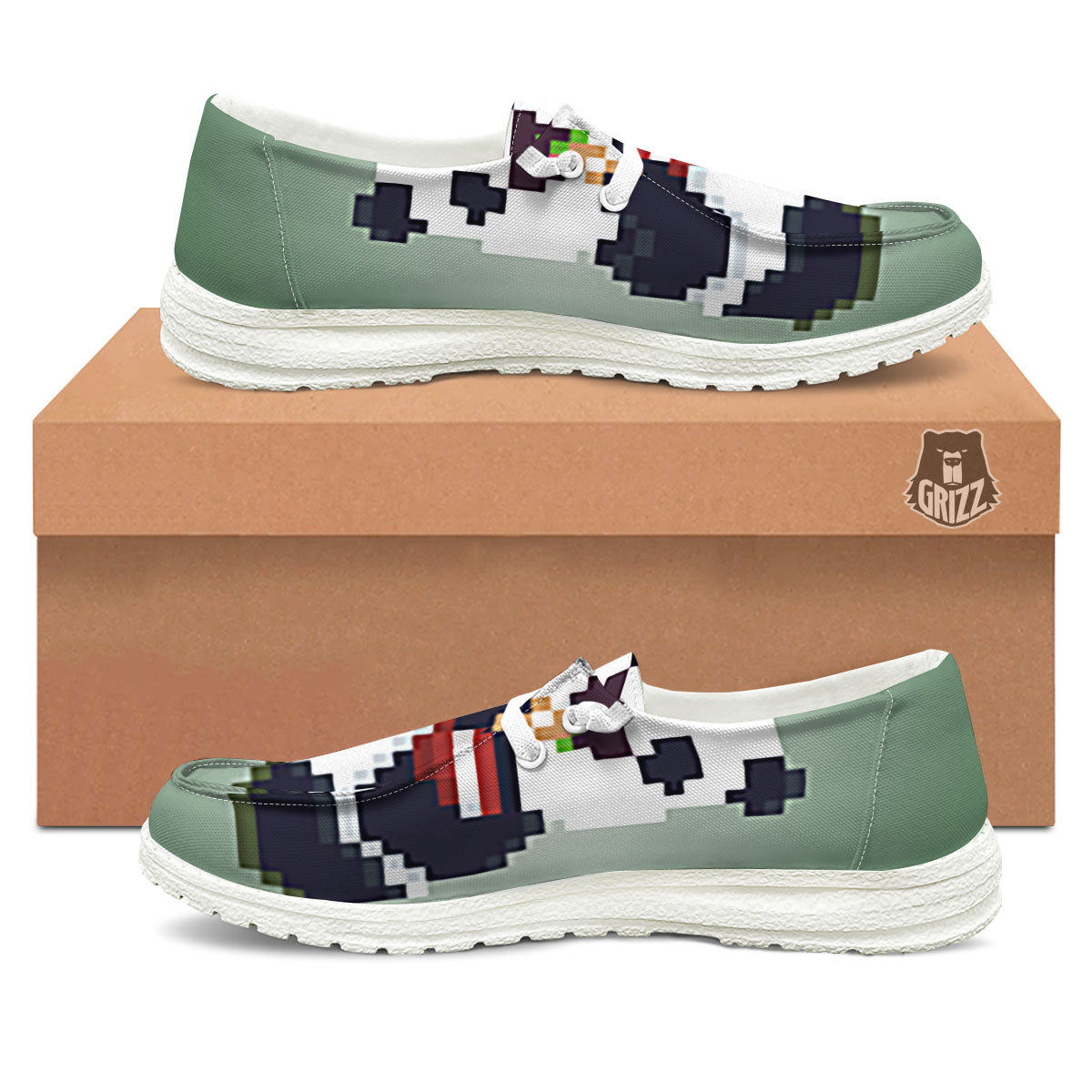 Panda 8-Bit Pixel Print White Loafers-grizzshop