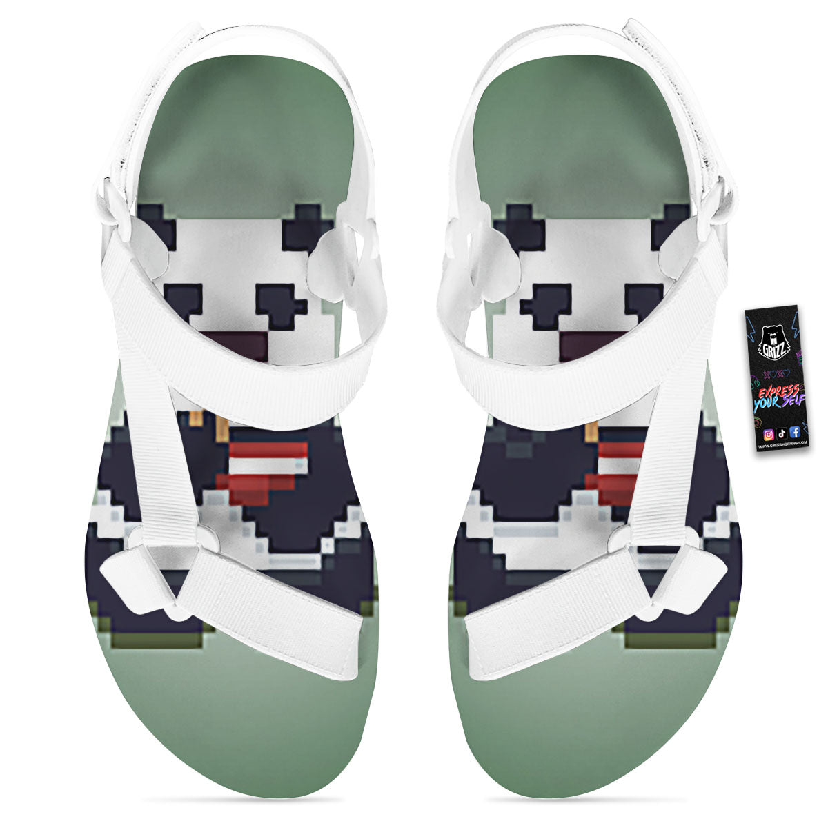 Panda 8-Bit Pixel Print White Open Toe Sandals-grizzshop