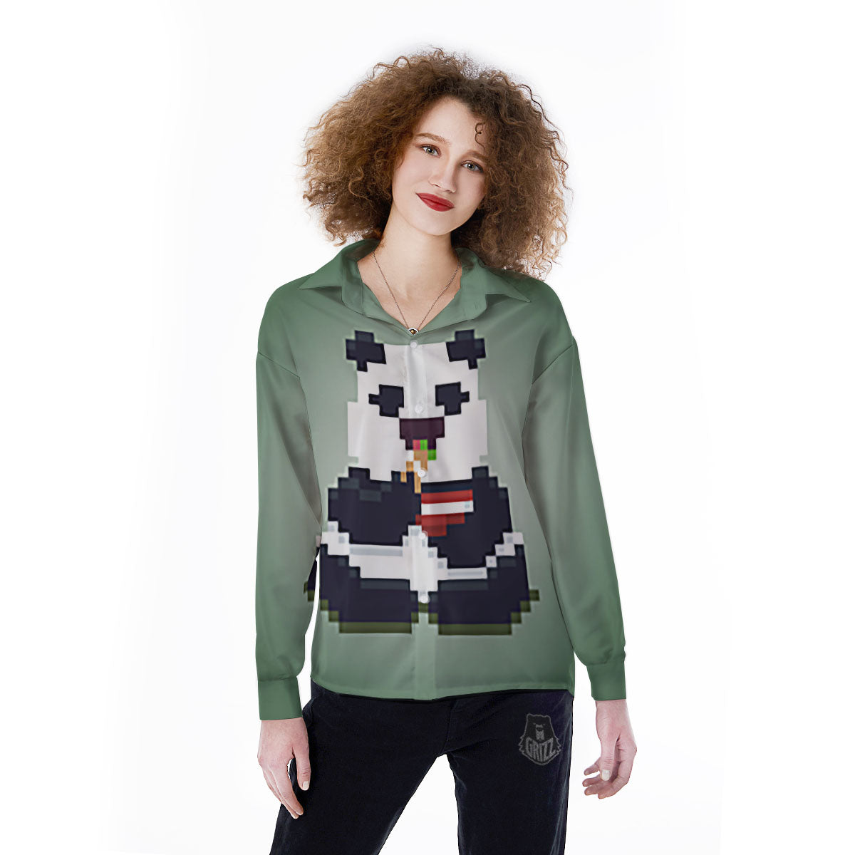 Panda 8-Bit Pixel Print Women's Long Sleeve Shirts-grizzshop