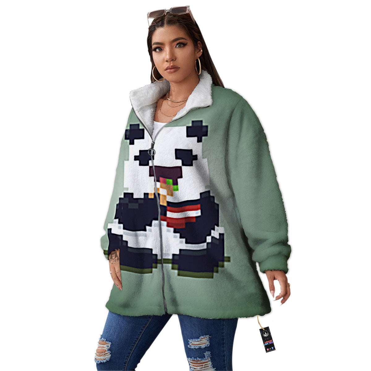 Panda 8-Bit Pixel Print Women's Sherpa Jacket-grizzshop