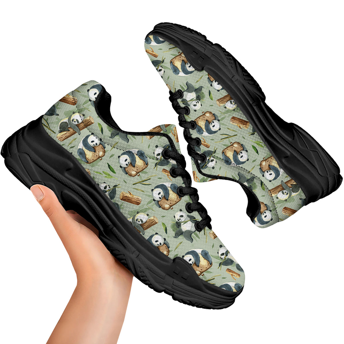Panda Bear Watercolor Print Pattern Black Chunky Shoes-grizzshop