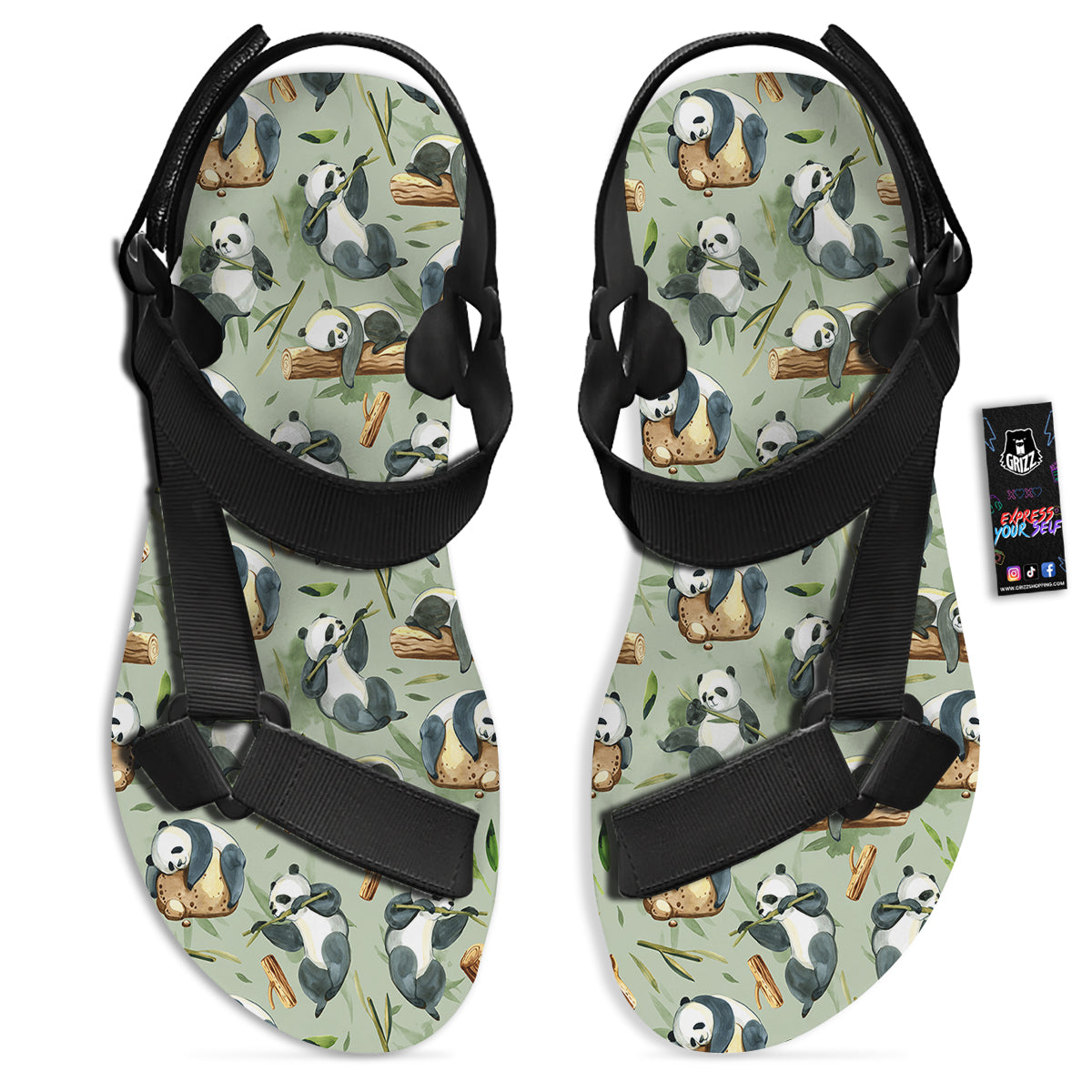 Panda Bear Watercolor Print Pattern Black Open Toe Sandals-grizzshop
