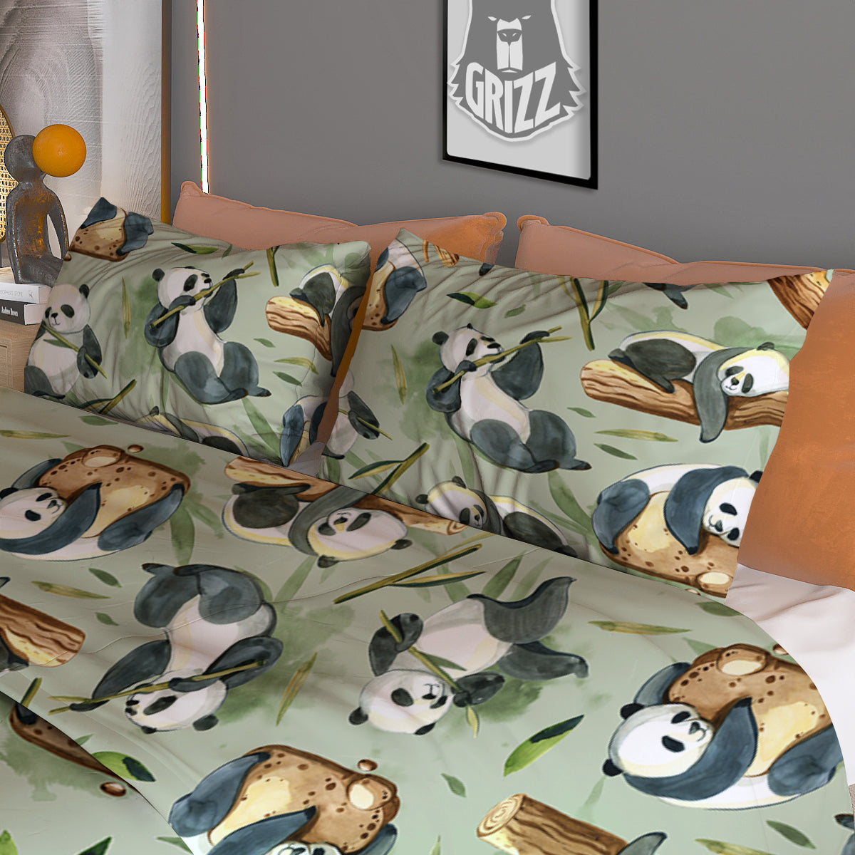 Panda Bear Watercolor Print Pattern Duvet Cover Bedding Set