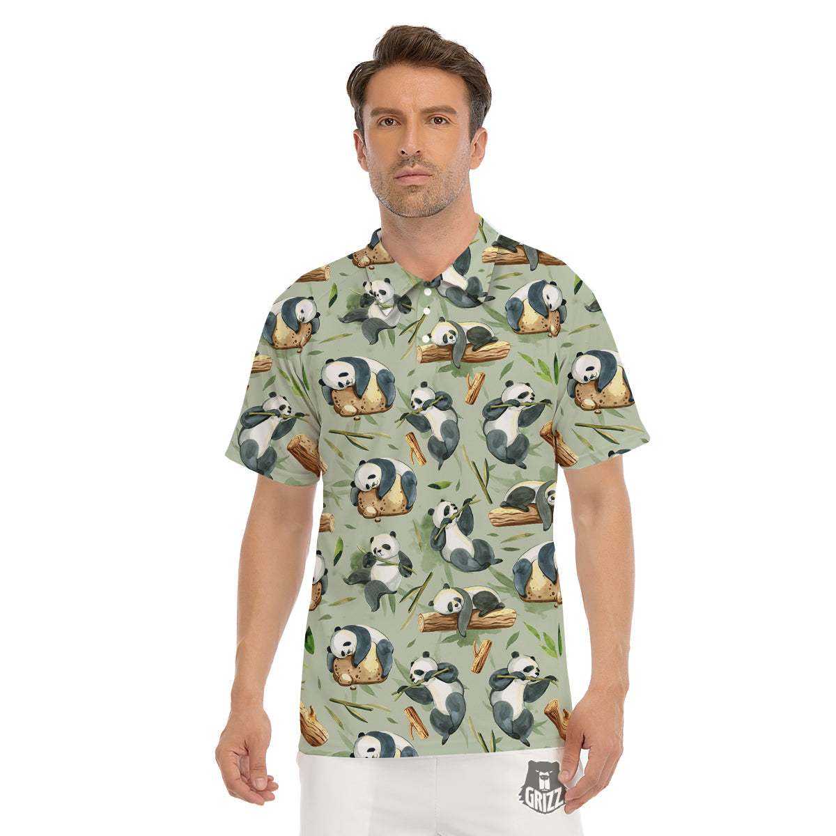 Panda Bear Watercolor Print Pattern Men's Golf Shirts-grizzshop