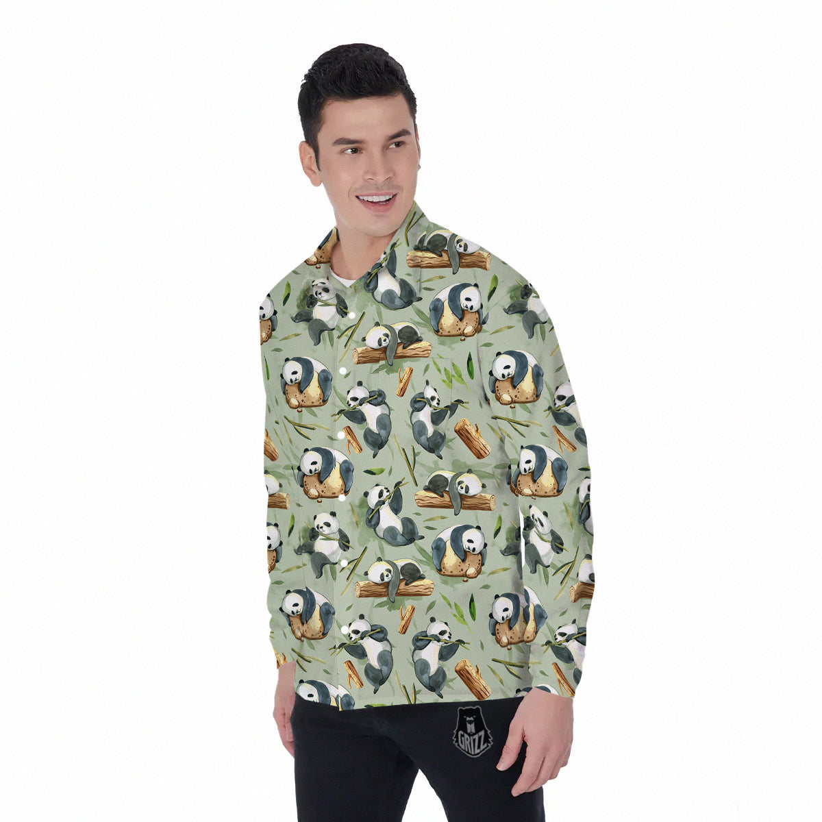 Panda Bear Watercolor Print Pattern Men's Long Sleeve Shirts-grizzshop