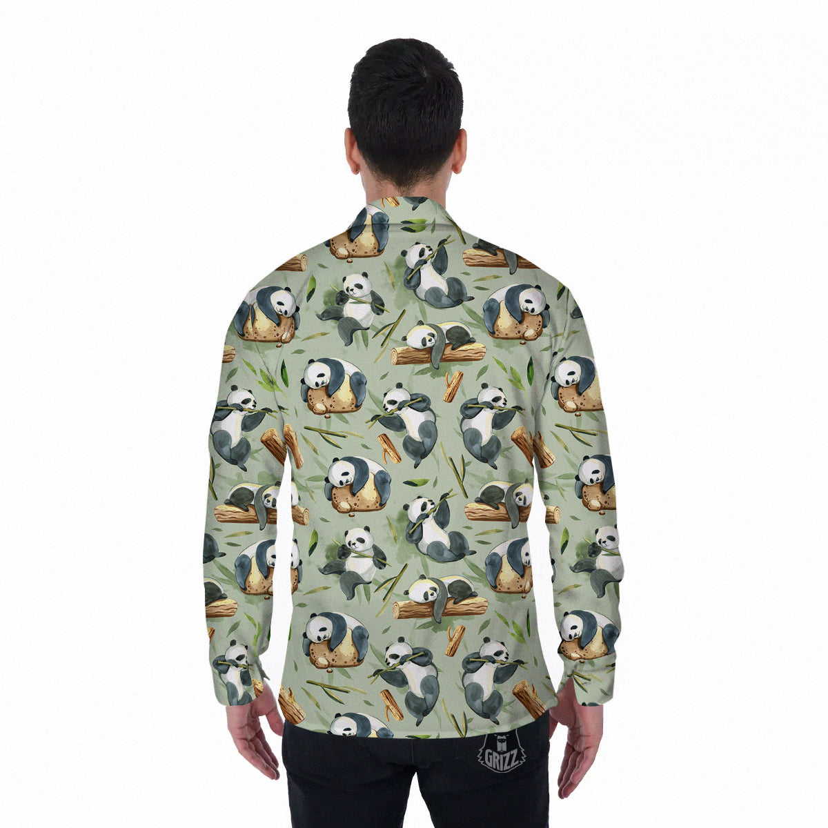 Panda Bear Watercolor Print Pattern Men's Long Sleeve Shirts-grizzshop
