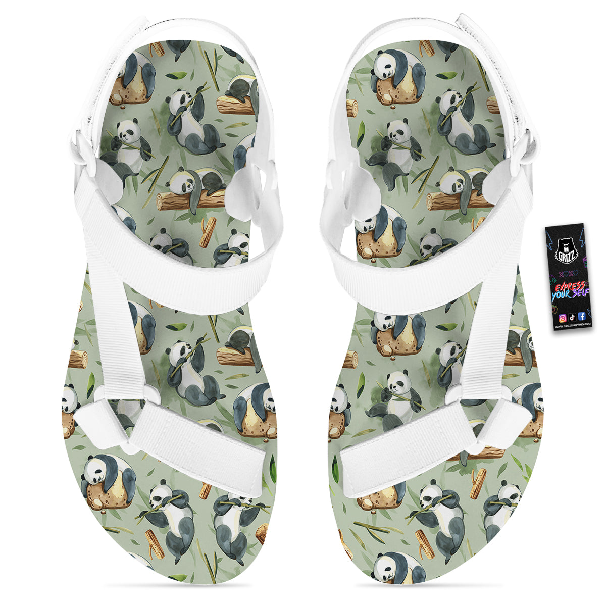 Panda Bear Watercolor Print Pattern White Open Toe Sandals-grizzshop