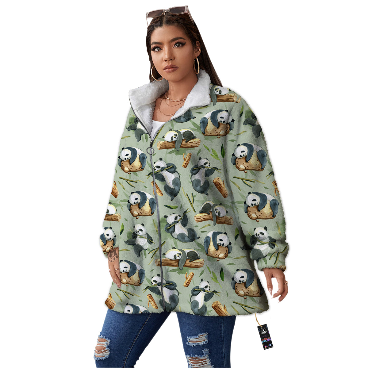 Panda Bear Watercolor Print Pattern Women's Sherpa Jacket-grizzshop
