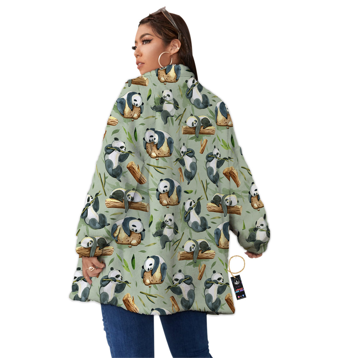 Panda Bear Watercolor Print Pattern Women's Sherpa Jacket-grizzshop
