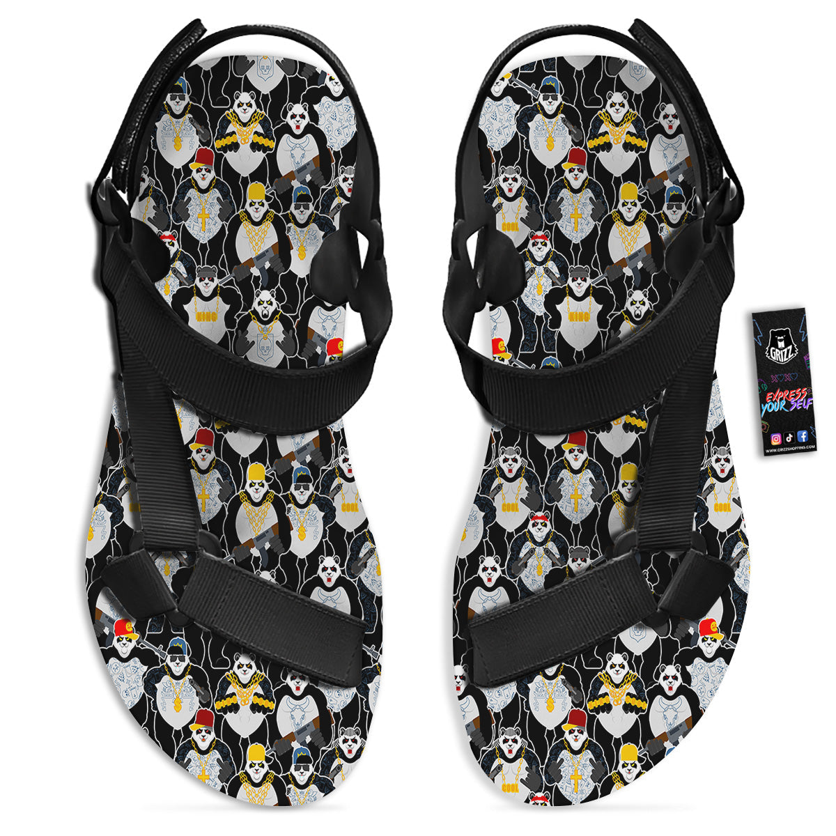 Panda Gangster Gang Print Pattern Black Open Toe Sandals-grizzshop