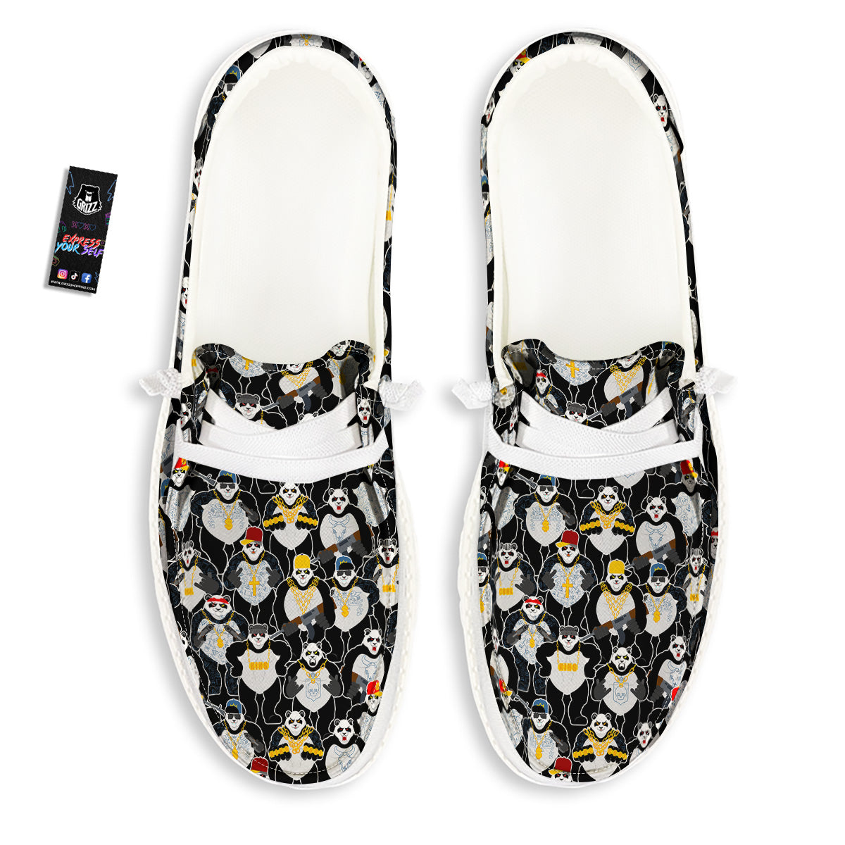Panda Gangster Gang Print Pattern White Loafers-grizzshop