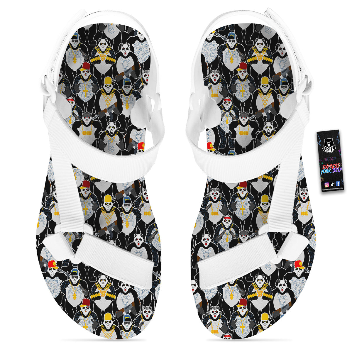 Panda Gangster Gang Print Pattern White Open Toe Sandals-grizzshop