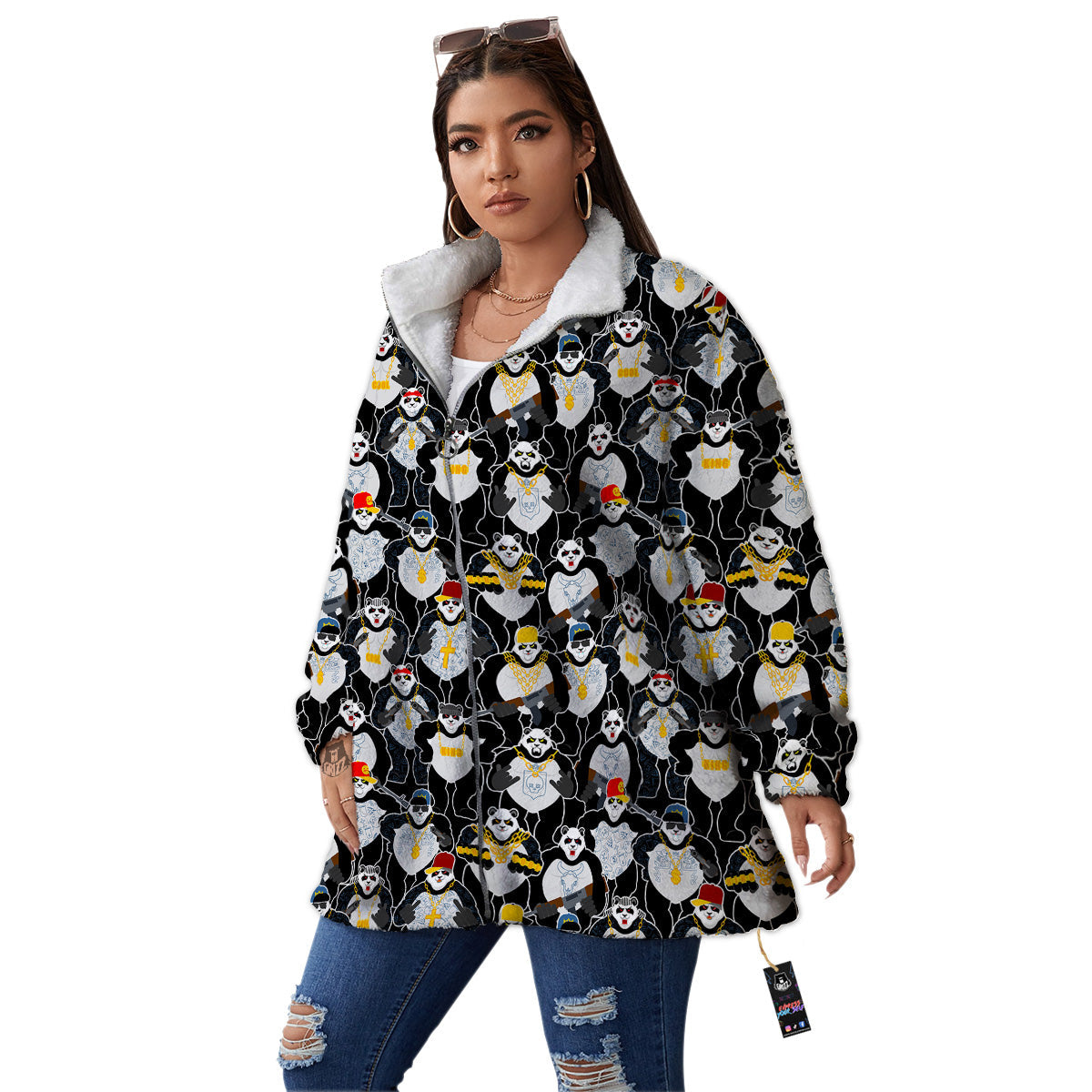 Panda Gangster Gang Print Pattern Women's Sherpa Jacket-grizzshop