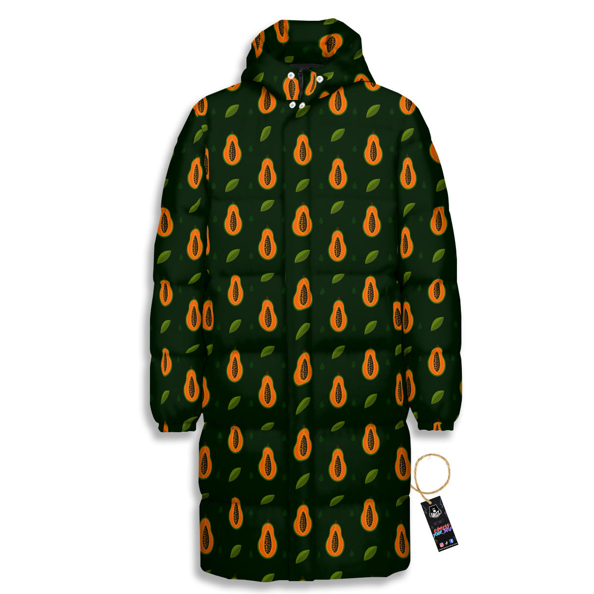 Papaya Exotic Print Pattern Long Down Jacket-grizzshop