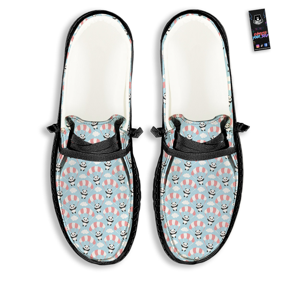 Parachute And Cute Panda Print Pattern Black Loafers-grizzshop