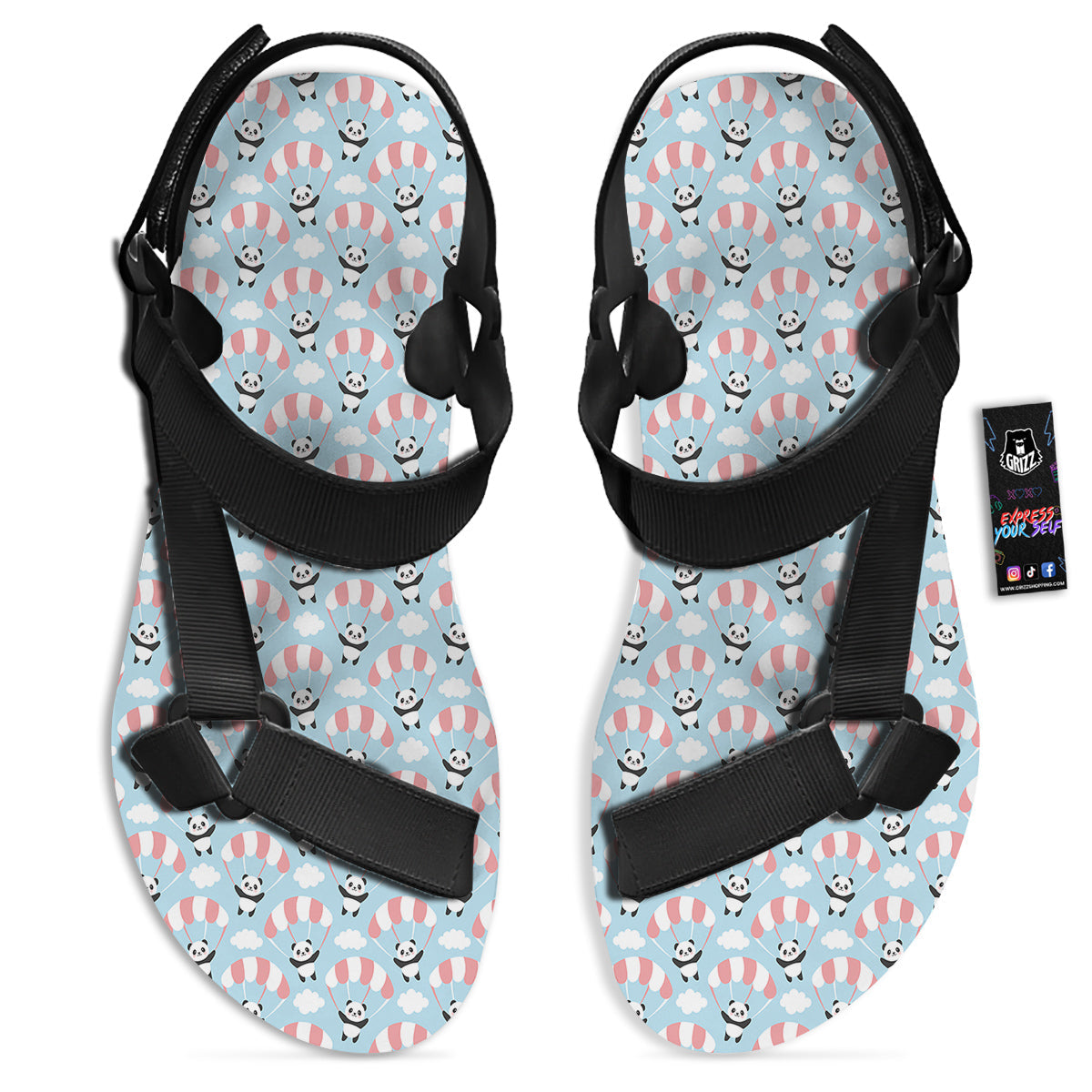 Parachute And Cute Panda Print Pattern Black Open Toe Sandals-grizzshop