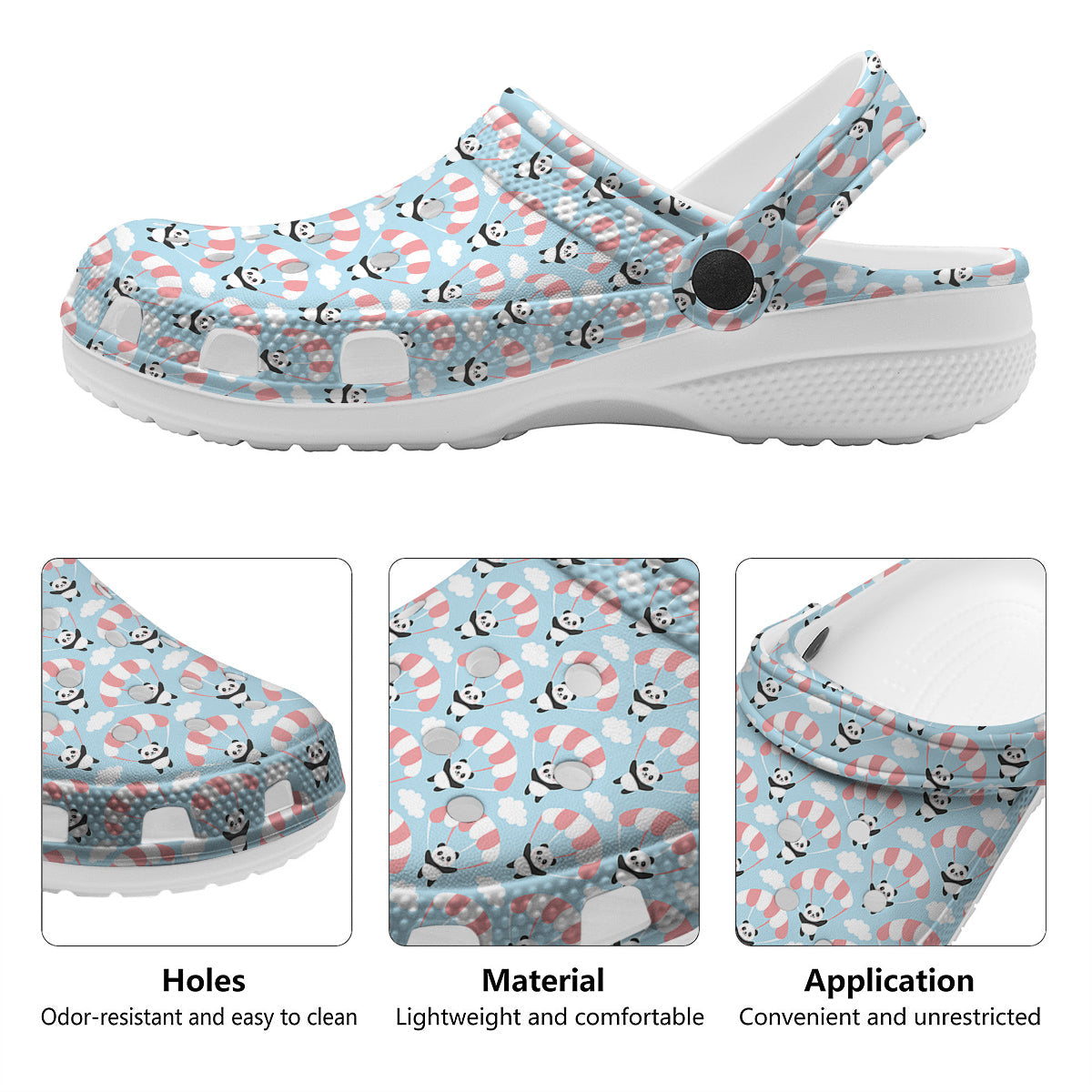 Parachute And Cute Panda Print Pattern Clog-grizzshop