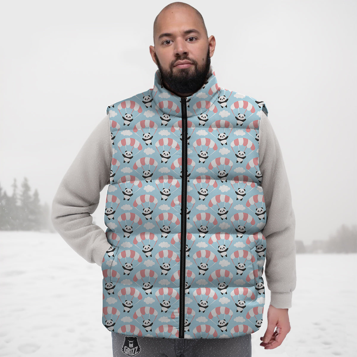 Parachute And Cute Panda Print Pattern Down Vest