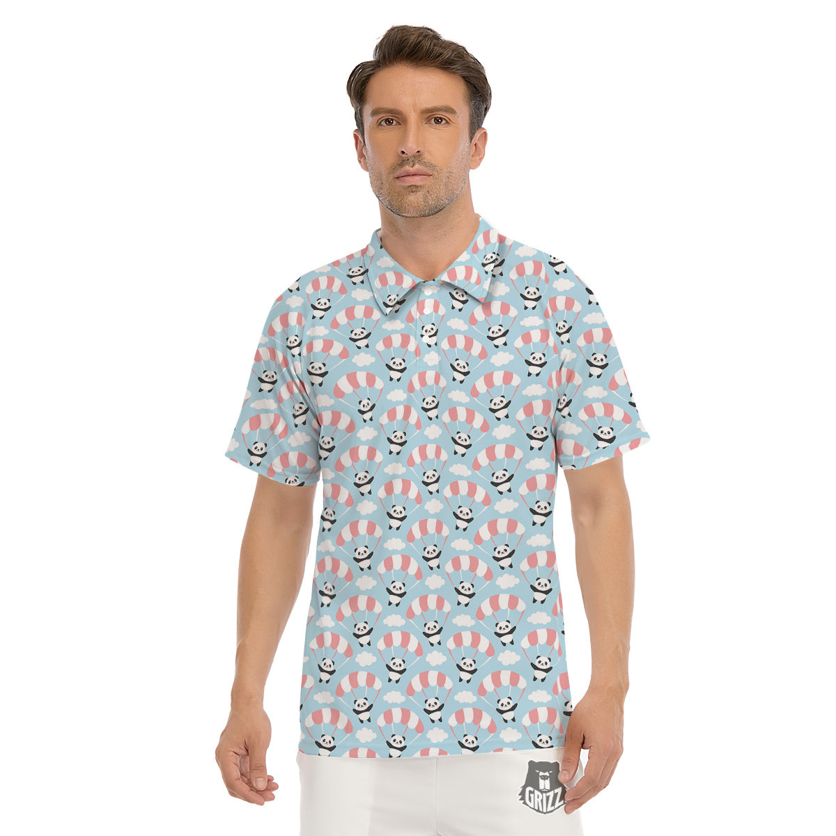 Parachute And Cute Panda Print Pattern Men's Golf Shirts-grizzshop