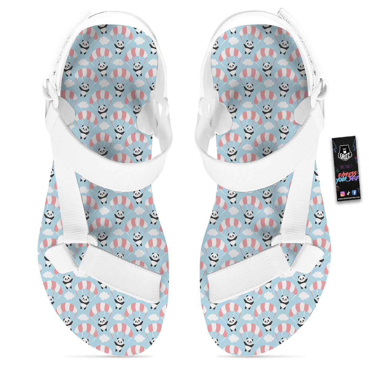 Parachute And Cute Panda Print Pattern White Open Toe Sandals-grizzshop