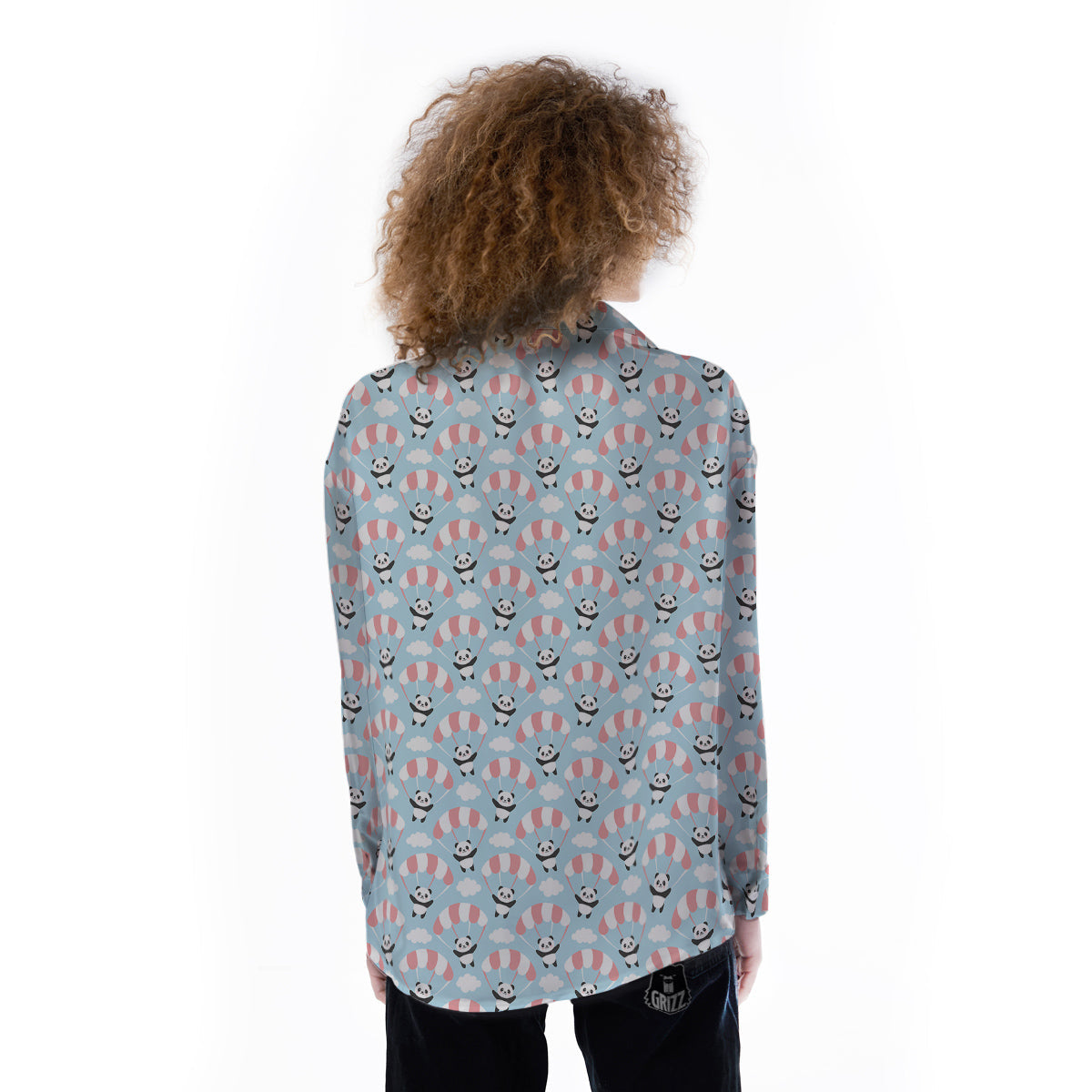 Parachute And Cute Panda Print Pattern Women's Long Sleeve Shirts-grizzshop