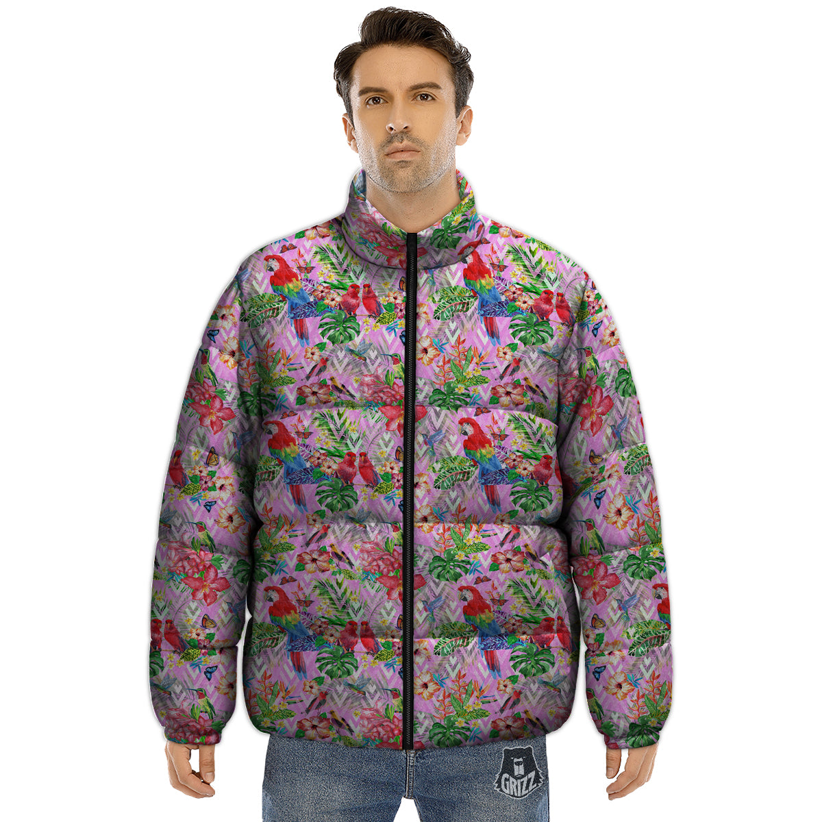 Paradise Flower Bird Print Pattern Puffer Jacket-grizzshop