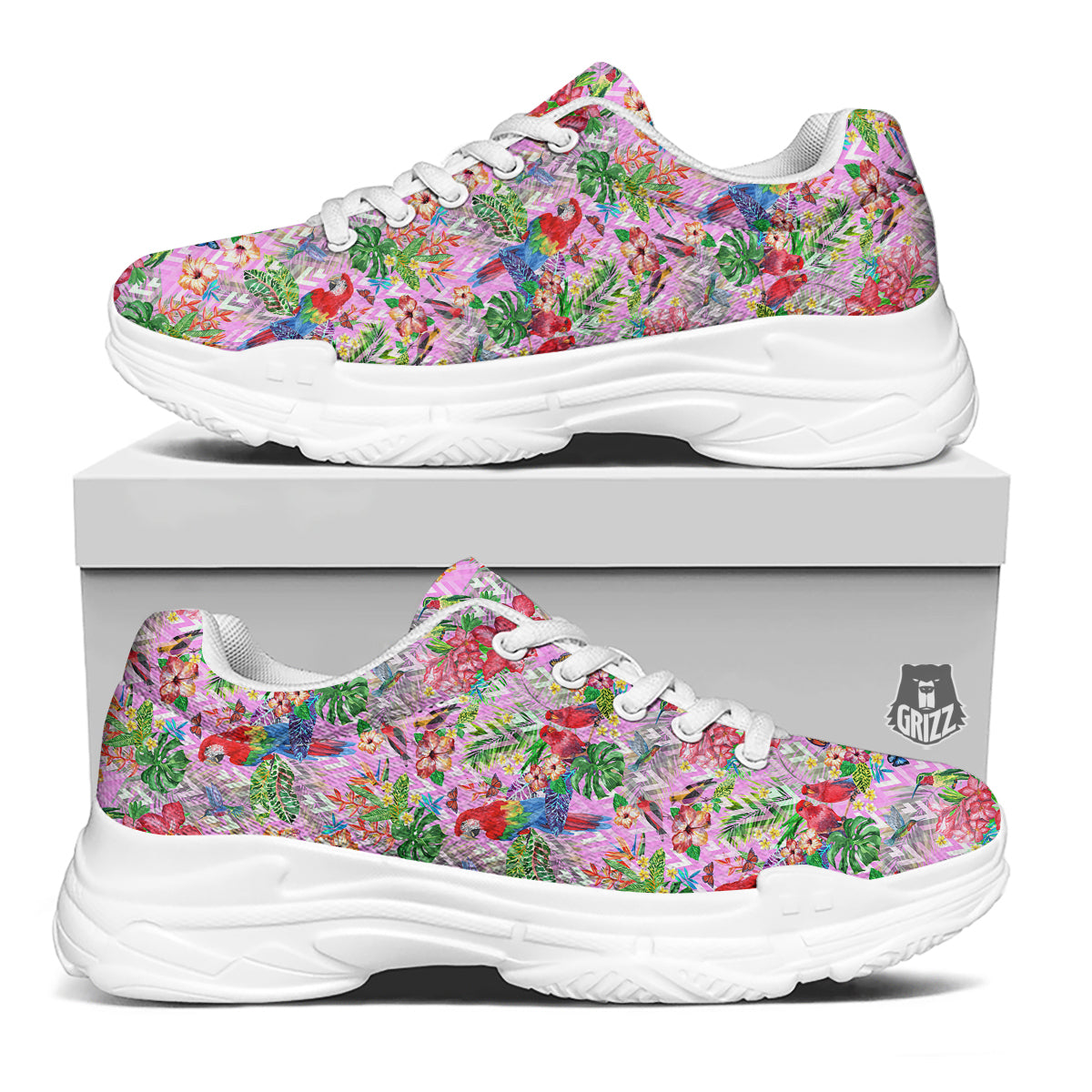 Paradise Flower Bird Print Pattern White Chunky Shoes-grizzshop