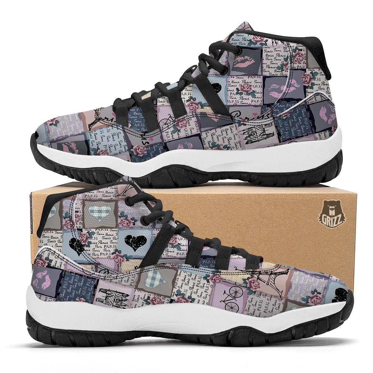 Paris Pattern Print Black Bball Shoes-grizzshop