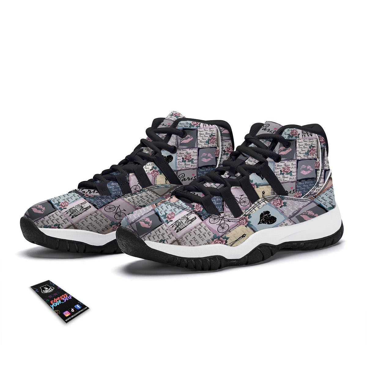 Paris Pattern Print Black Bball Shoes-grizzshop