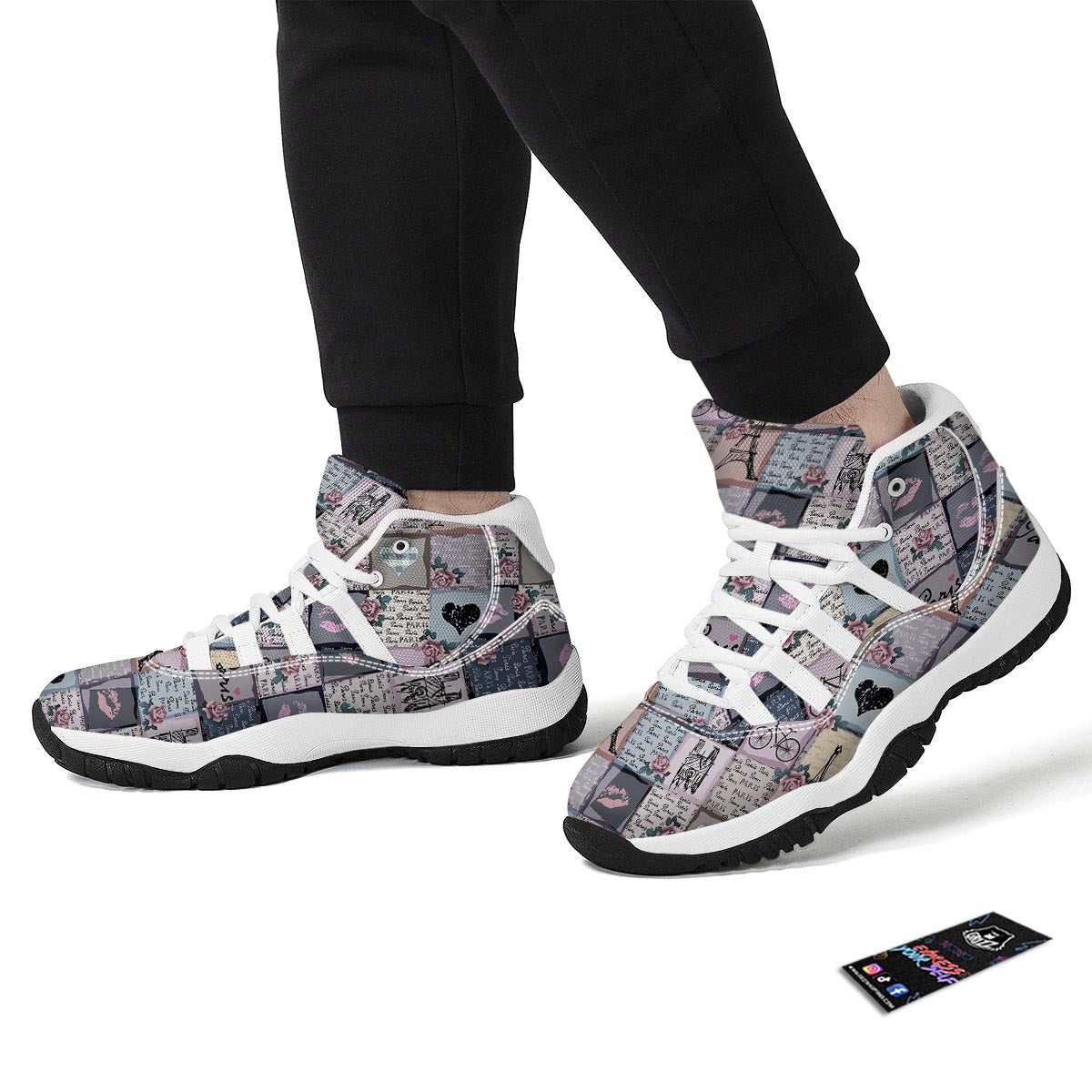 Paris Pattern Print White Bball Shoes-grizzshop