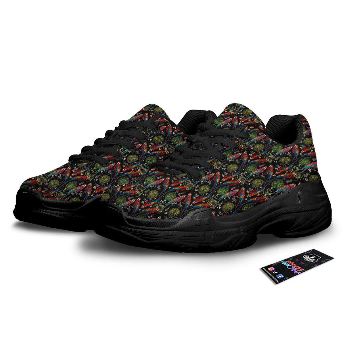 Parrot Embroidery Print Pattern Black Chunky Shoes-grizzshop