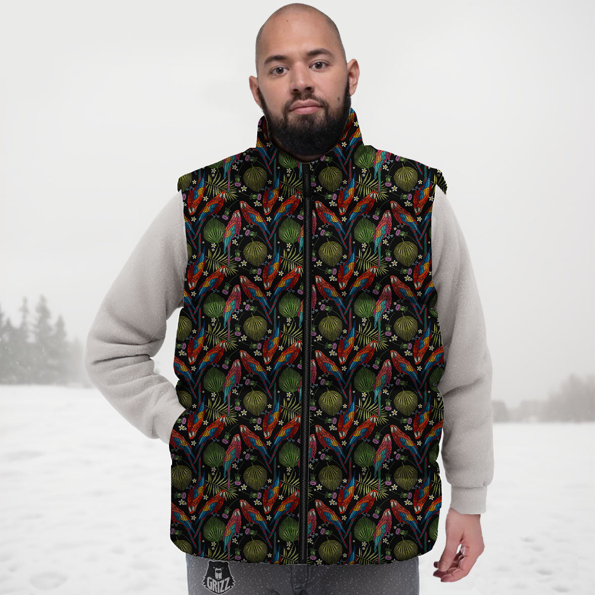 Parrot Embroidery Print Pattern Down Vest-grizzshop