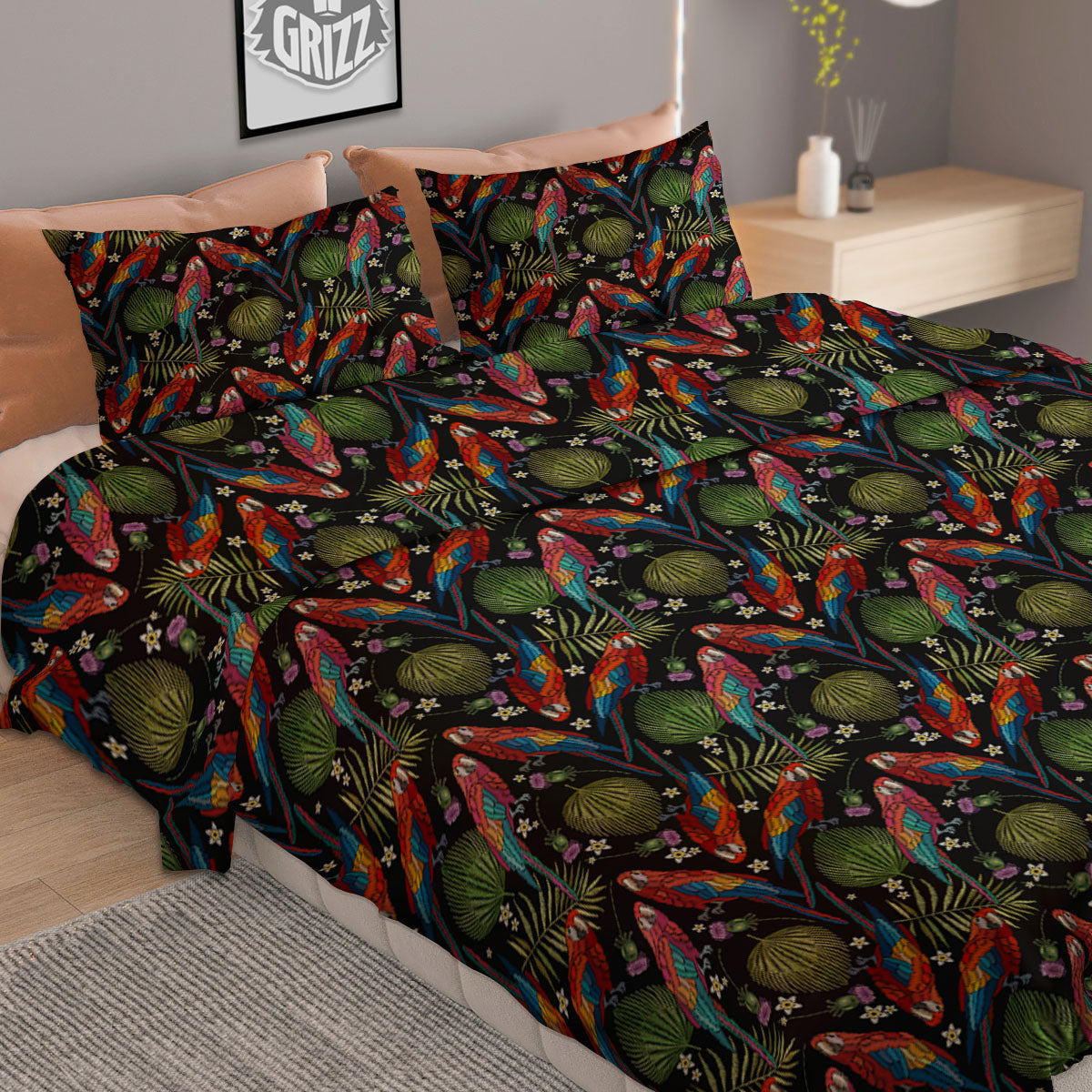 Parrot Embroidery Print Pattern Duvet Cover Bedding Set