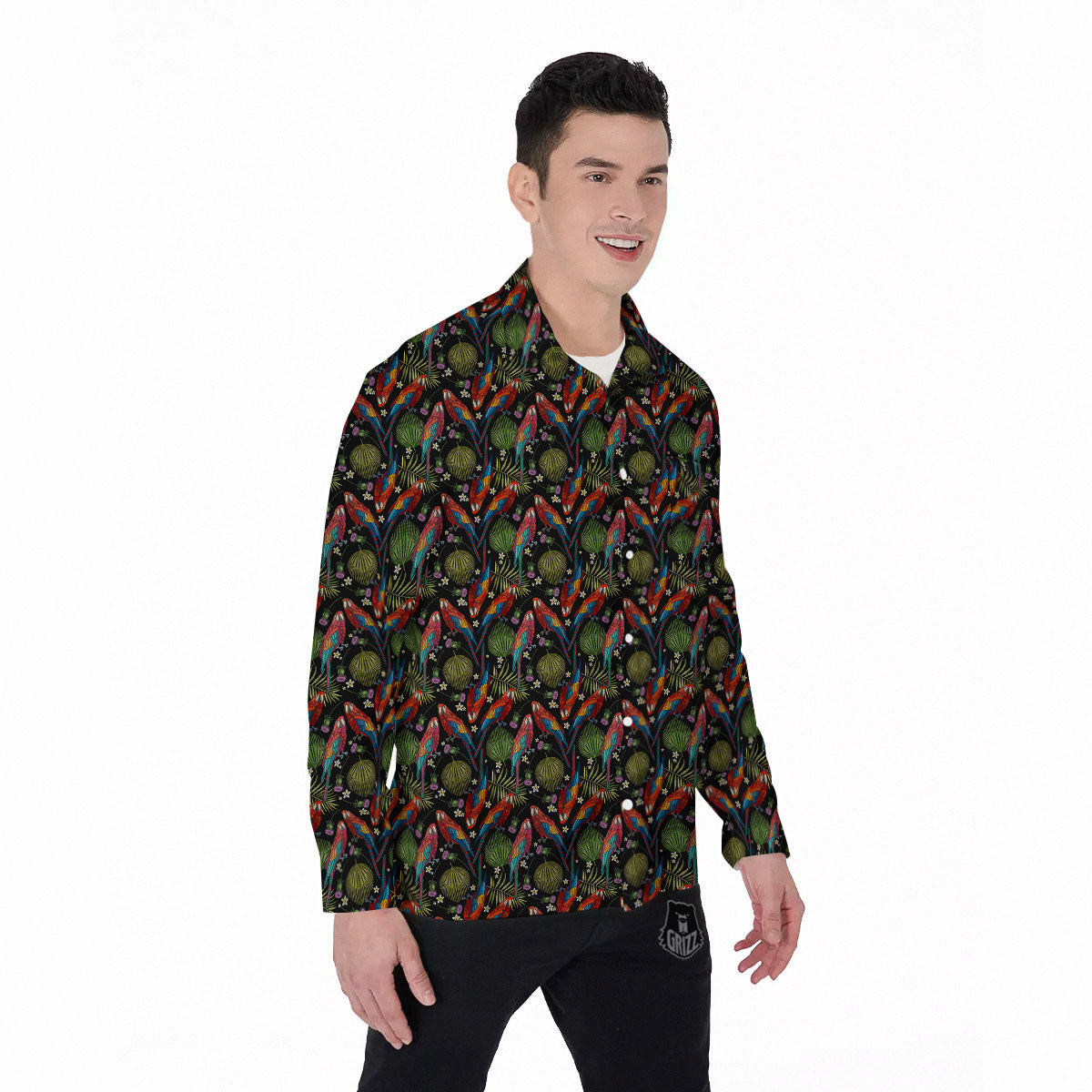 Parrot Embroidery Print Pattern Men's Long Sleeve Shirts-grizzshop