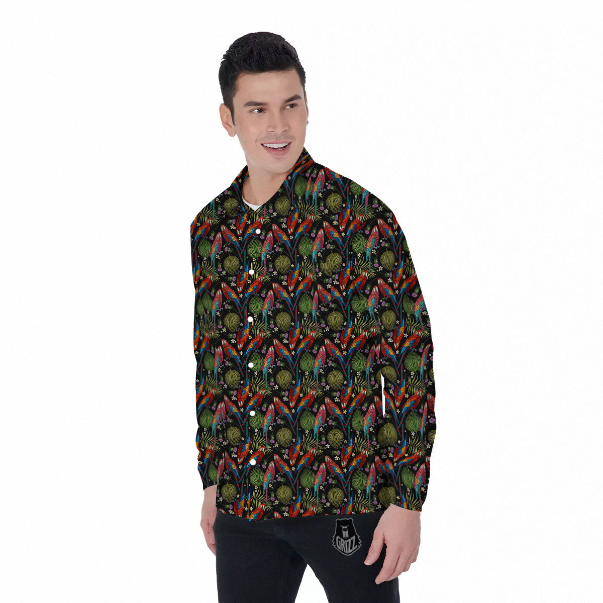 Parrot Embroidery Print Pattern Men's Long Sleeve Shirts-grizzshop